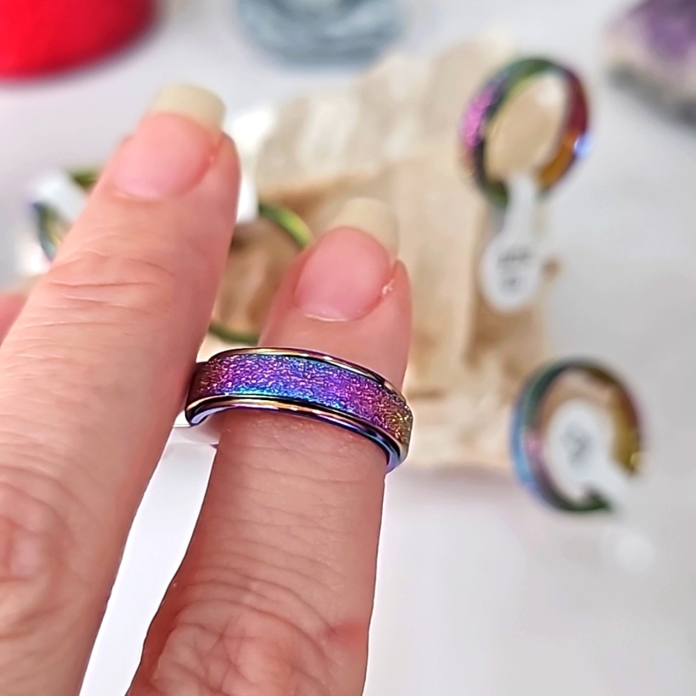 Titanium Stainless Steel ✦ Rainbow Sandblasted Anxiety Spinner Ring ✦ Unisex 11